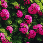 Illustration générée par IA : feuillage vert et boules de fleurs roses sur un support vertical, plante imaginaire qui ne représente aucune des grimpantes décrites dans l'article