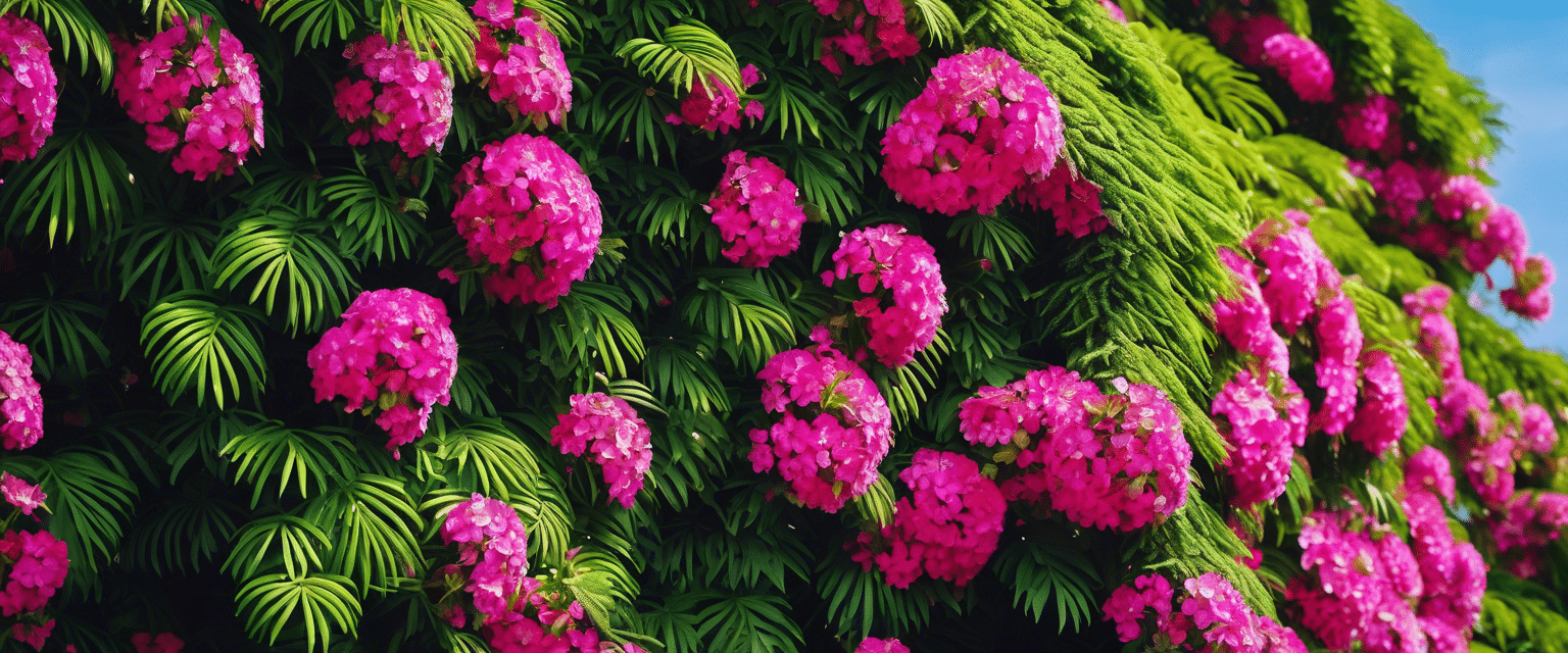 Illustration générée par IA : feuillage vert et boules de fleurs roses sur un support vertical, plante imaginaire qui ne représente aucune des grimpantes décrites dans l'article