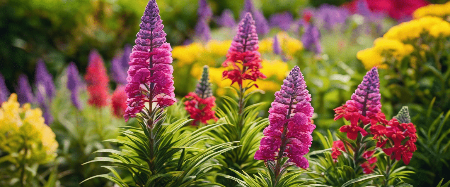 Illustration generee par intelligence artificielle : massif fleuri aux epis colores. Image d'ambiance, aucune espece n'y est identifiable.