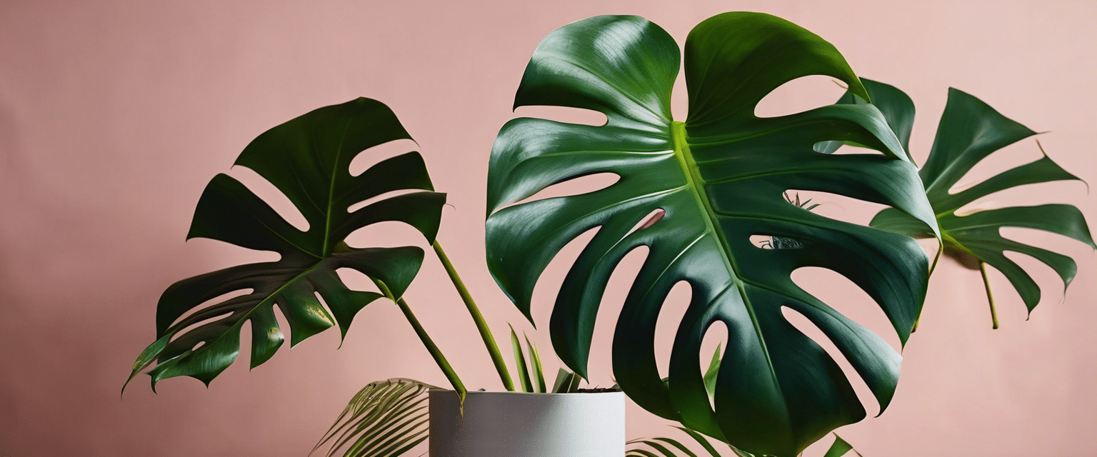 Deux grandes feuilles de Monstera deliciosa découpées et perforées, dans un pot blanc, devant un mur rose.