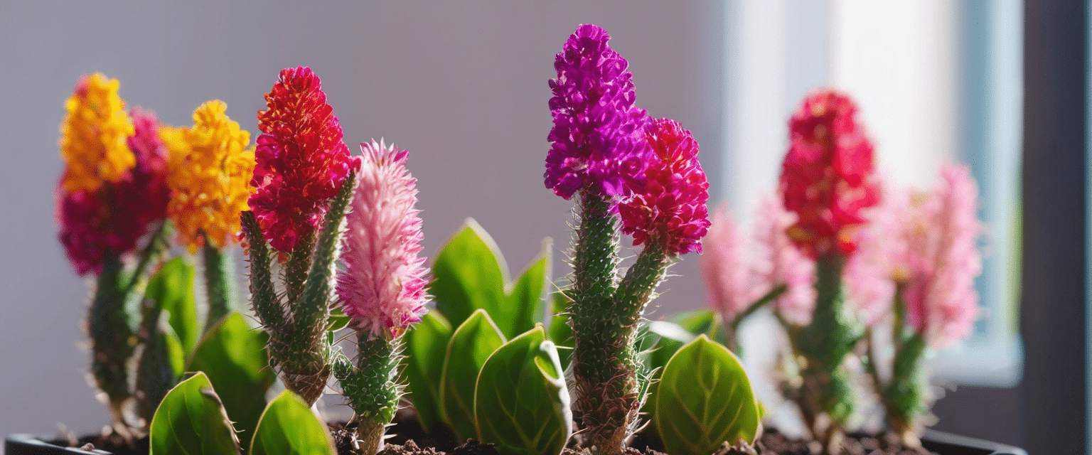 Illustration générée par intelligence artificielle : fleurs colorées en pot devant une fenêtre. L'image ne montre pas de piquet.