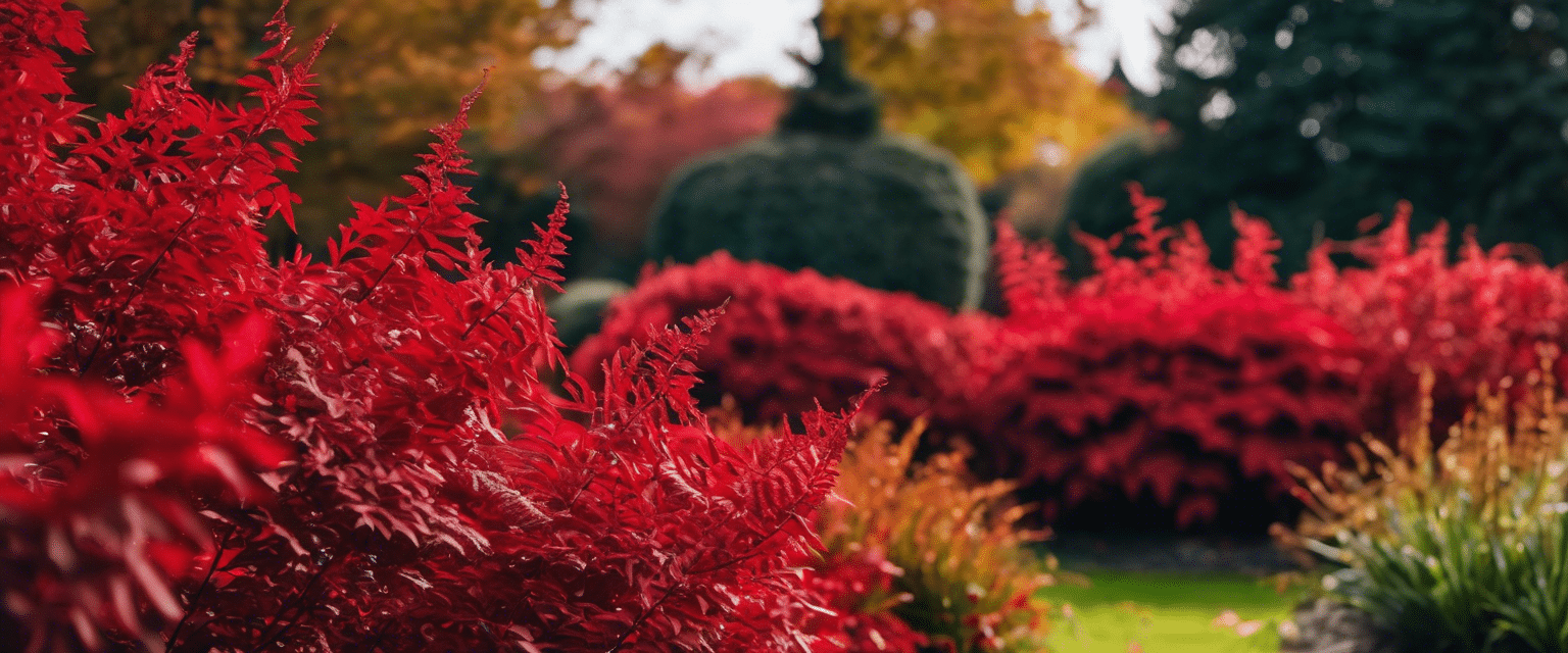 Massif de jardin planté d'arbustes au feuillage rouge vif, devant des conifères verts taillés et des arbres aux teintes d'automne.