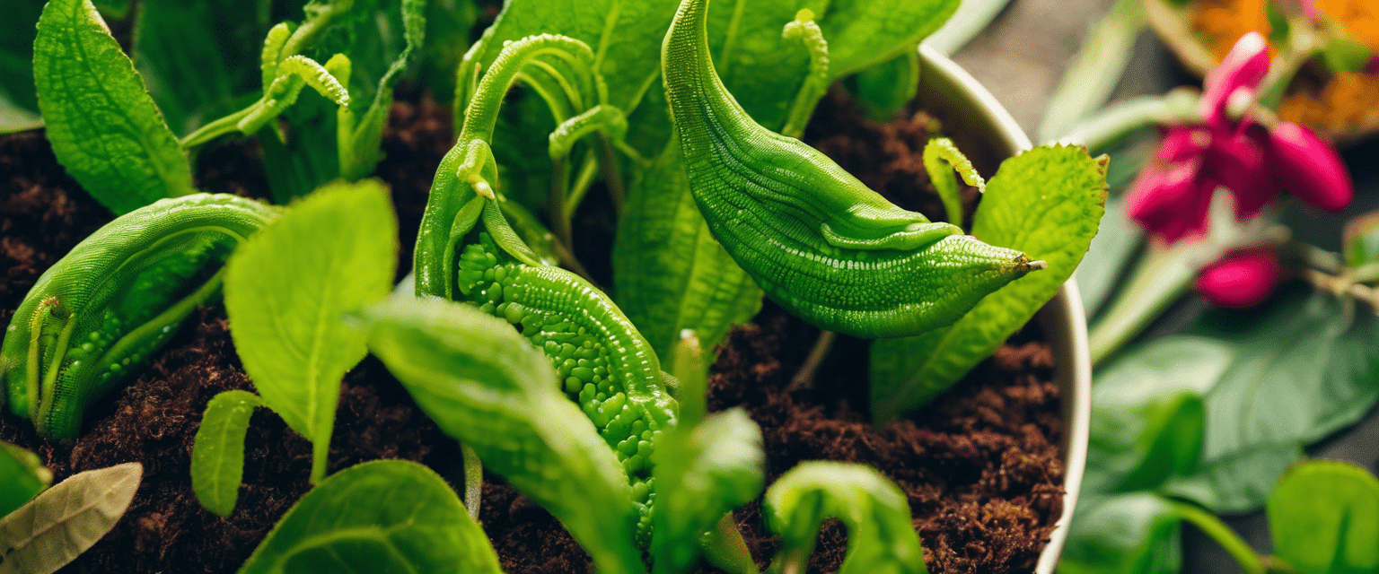 Illustration générée par intelligence artificielle : de jeunes plants aux feuilles charnues dans un pot de terreau. Cette image ne représente pas le gui, qui pousse sur les branches d’un arbre et n’a aucune racine dans le sol.
