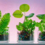 Illustration générée par intelligence artificielle : quatre béchers de verre contenant de jeunes plantes, sur une paillasse de laboratoire. Les récipients y sont ouverts et remplis de substrat, alors que la culture in vitro se pratique en flacons clos et stériles, sur milieu gélosé.
