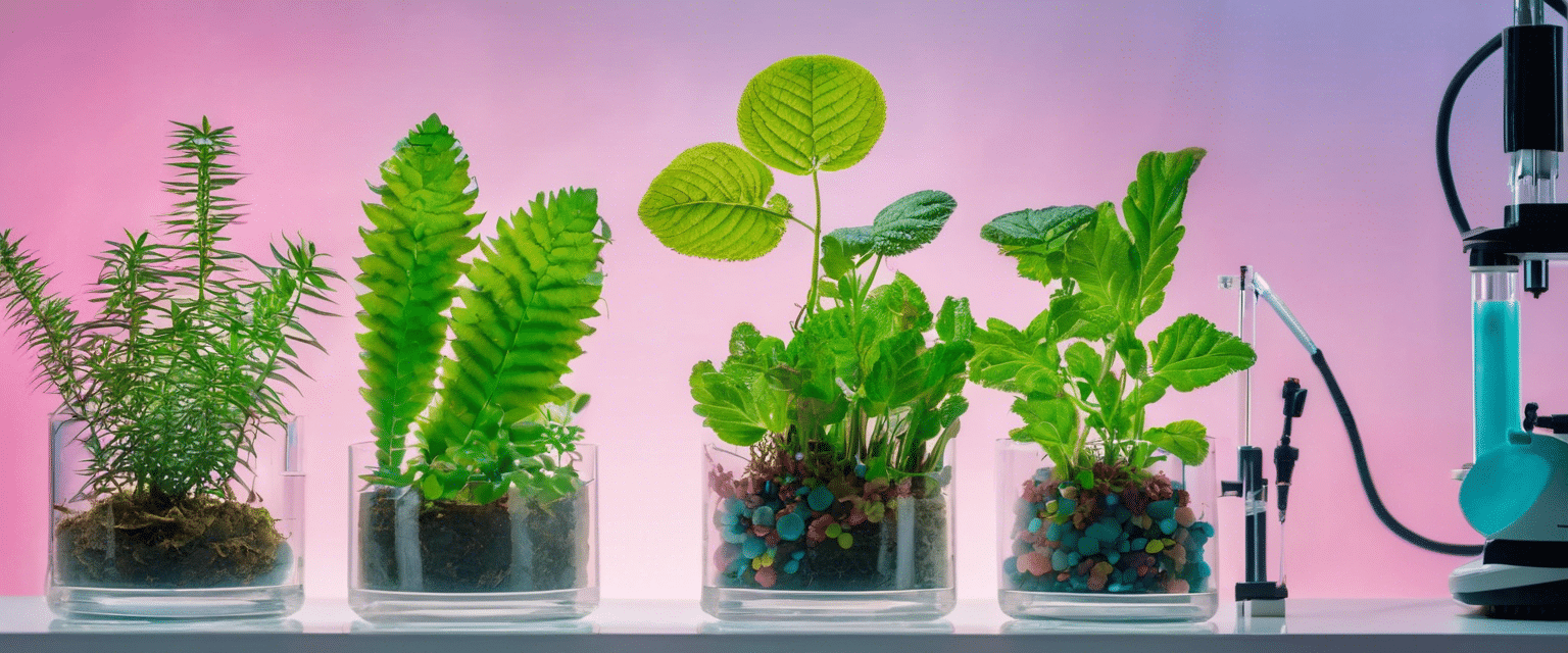 Illustration générée par intelligence artificielle : quatre béchers de verre contenant de jeunes plantes, sur une paillasse de laboratoire. Les récipients y sont ouverts et remplis de substrat, alors que la culture in vitro se pratique en flacons clos et stériles, sur milieu gélosé.