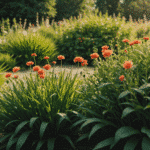 Illustration générée par intelligence artificielle : un massif de vivaces fleuries dans un jardin d'ornement. Ce n'est pas la photographie d'un jardin réel.