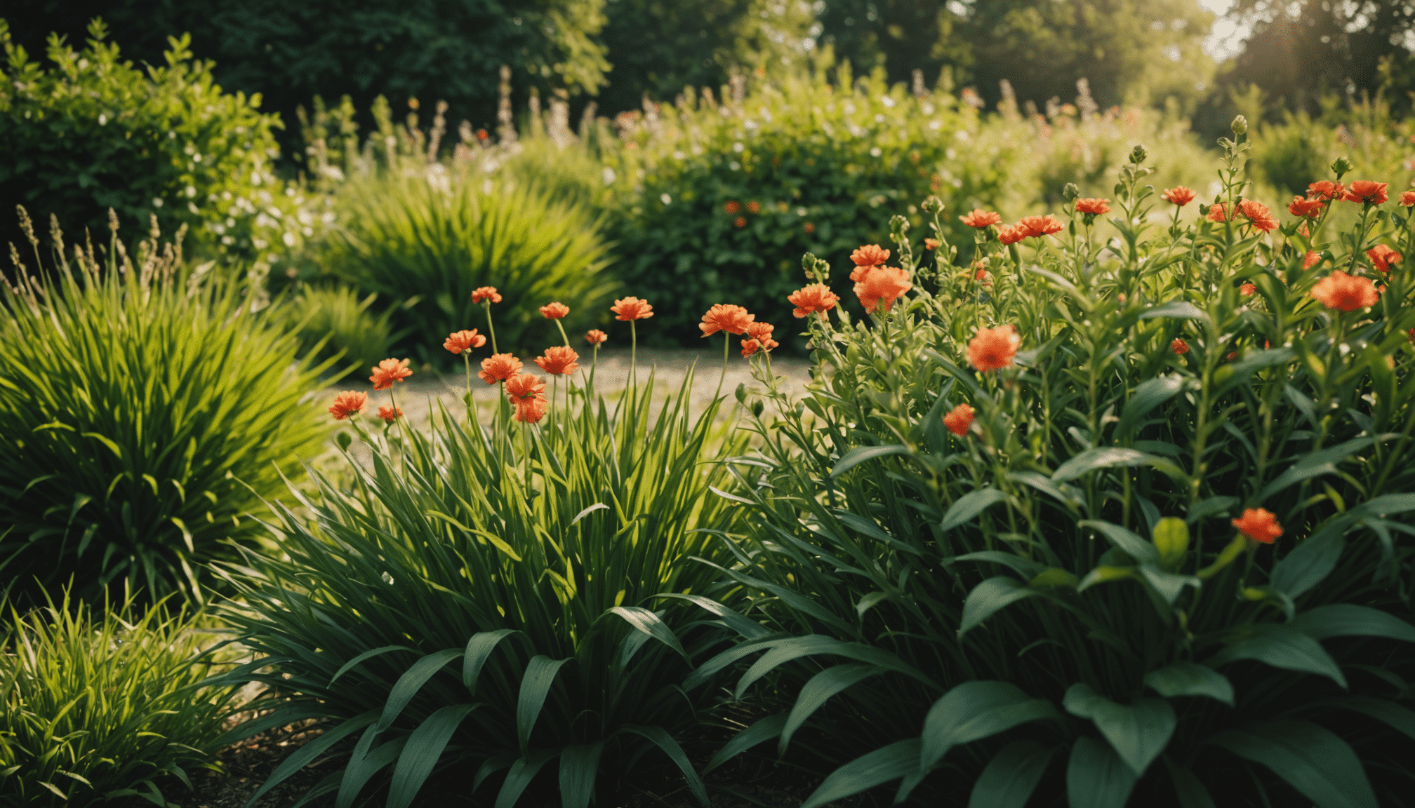 Illustration générée par intelligence artificielle : un massif de vivaces fleuries dans un jardin d'ornement. Ce n'est pas la photographie d'un jardin réel.