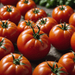 Gros plan sur des tomates rouges côtelées à maturité, posées sur une pierre, avec un feuillage vert en arrière-plan