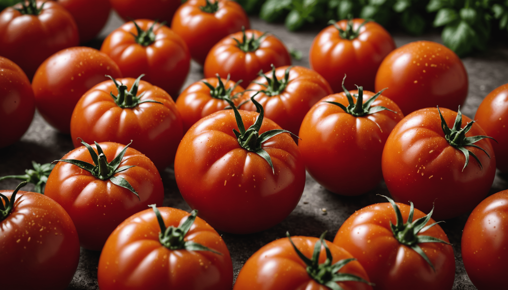 Gros plan sur des tomates rouges côtelées à maturité, posées sur une pierre, avec un feuillage vert en arrière-plan